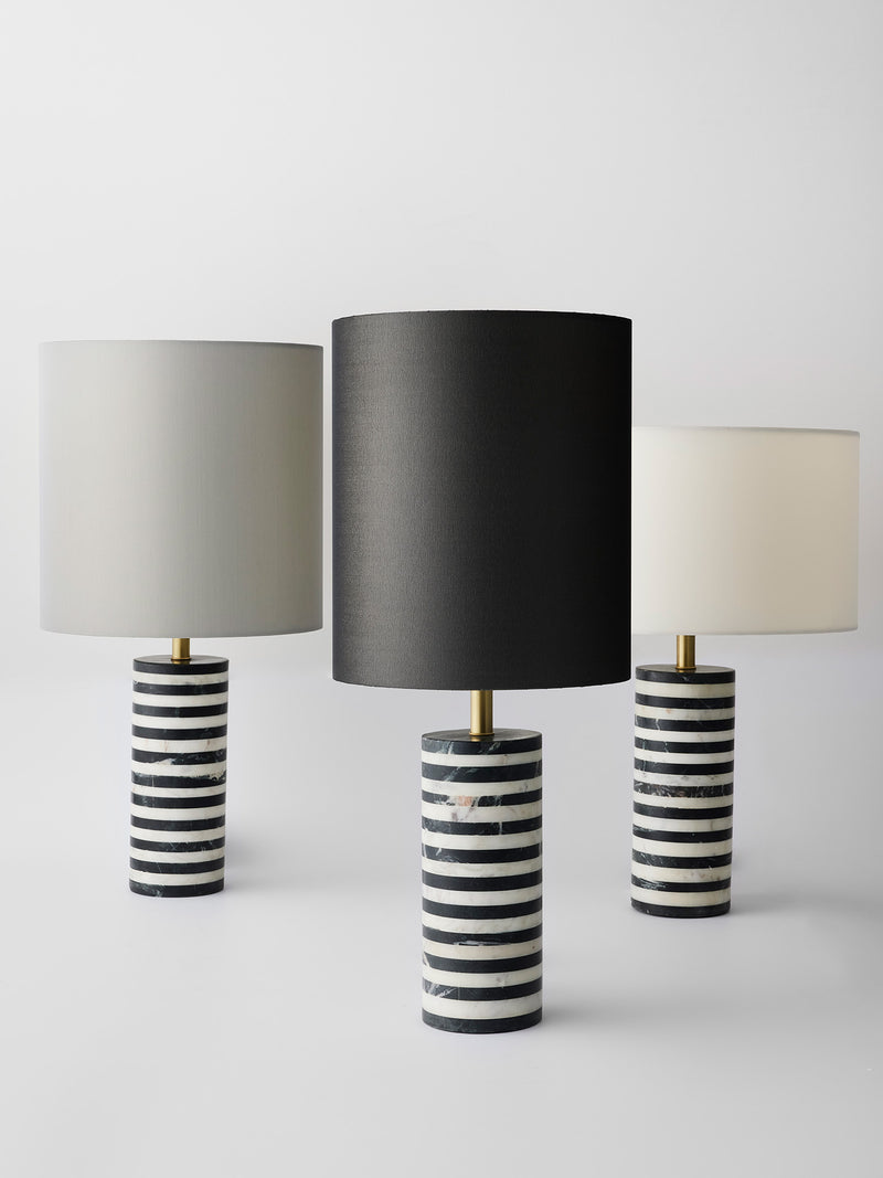 Graphic marble lamp with a  Lulu Mosquito designed lampshade